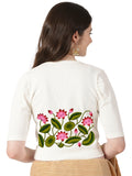 Women Stretchable Rib Square Neck Puff Sleeve Blouse Back Print U0258 Cream