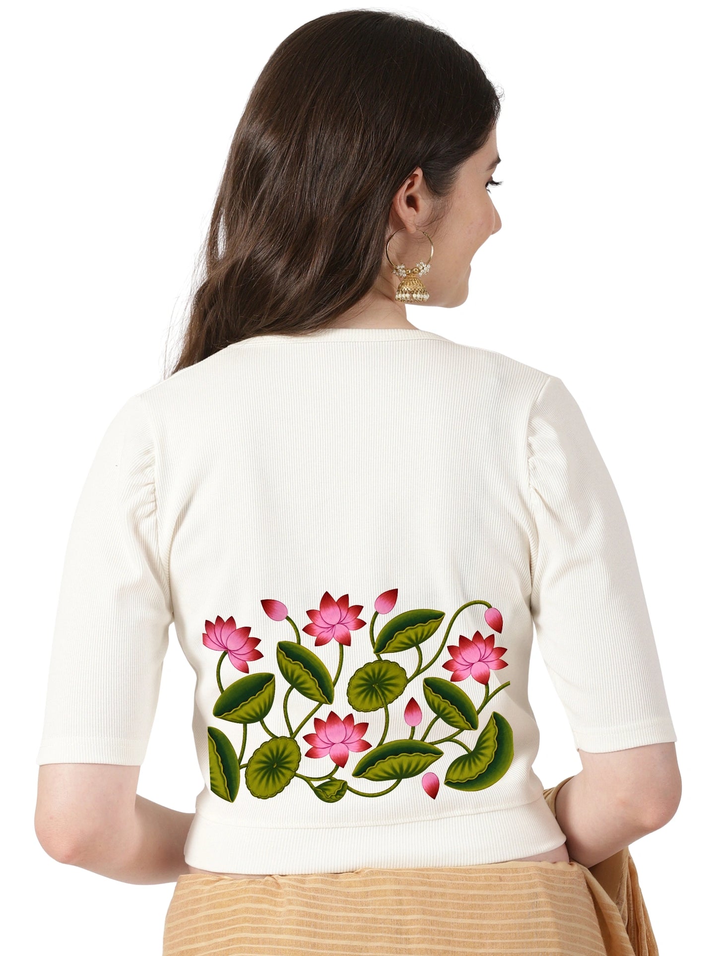 Women Stretchable Rib Square Neck Puff Sleeve Blouse Back Print U0258 Cream