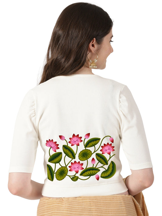 Women Stretchable Rib Square Neck Puff Sleeve Blouse Back Print U0258 Cream