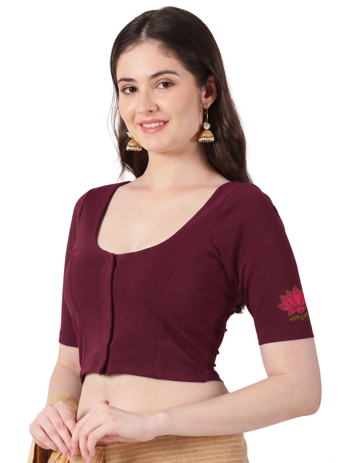 Women Front Open Back Printed Stretchable Half Sleeve Blouse U0259 Maroon