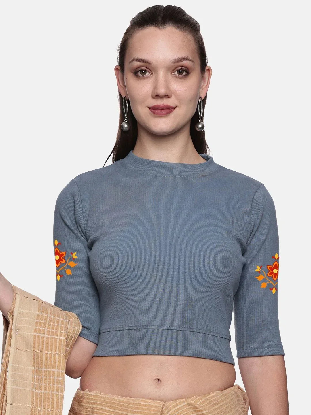 Women Back Printed Stretchable Elbow Sleeve RIB Blouse U0158 - notyetbyus