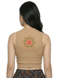 Women Back Printed Stretchable Sleeveless Close Neck RIB Blouse U0236 Chikoo