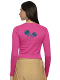 Women Back Printed Stretchable Full Sleeve V Neck RIB Blouse U0216 Rani Pink