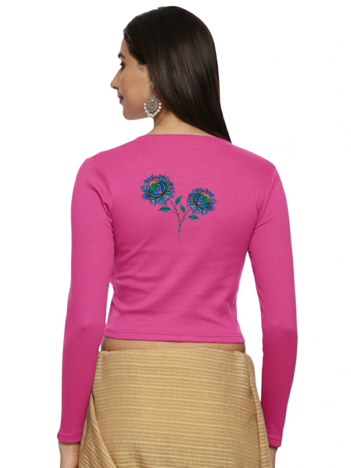 Women Back Printed Stretchable Full Sleeve V Neck RIB Blouse U0216 - notyetbyus