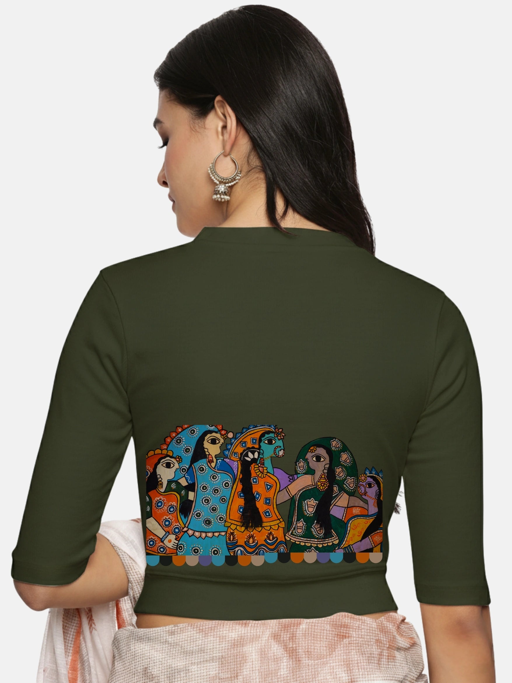 Women Back Printed Stretchable Elbow Sleeve RIB Blouse U0160 - notyetbyus