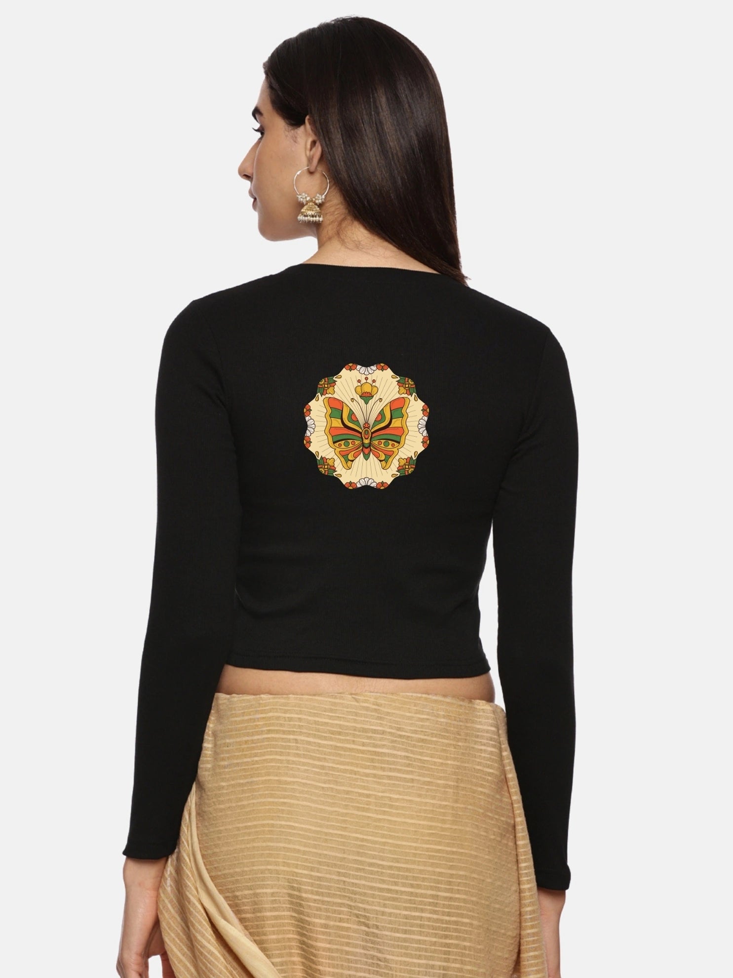 Women Back Printed Stretchable Full Sleeve V Neck RIB Blouse U0184