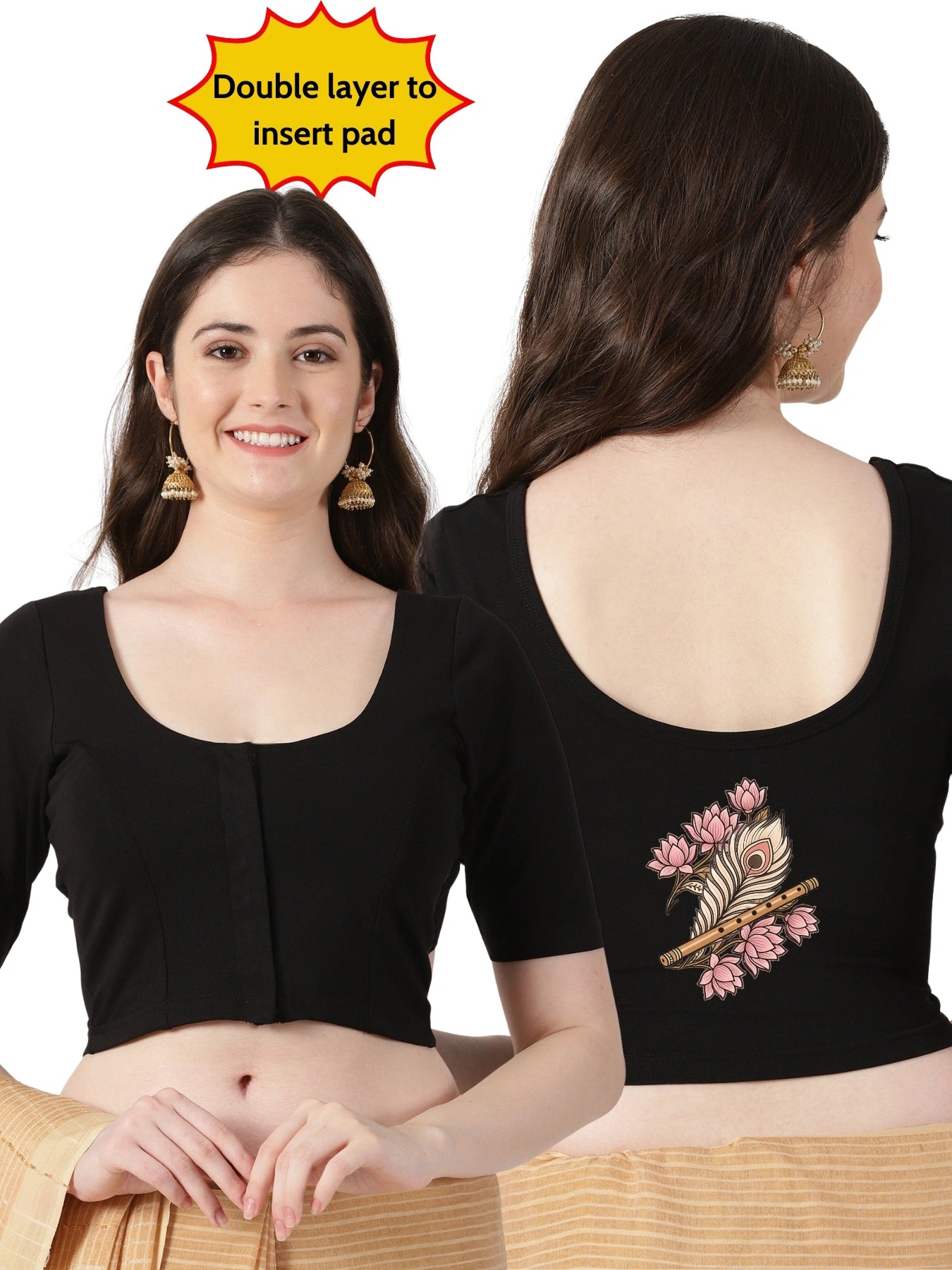 Women Front Open Back Printed Stretchable Half Sleeve Blouse U0262 Black