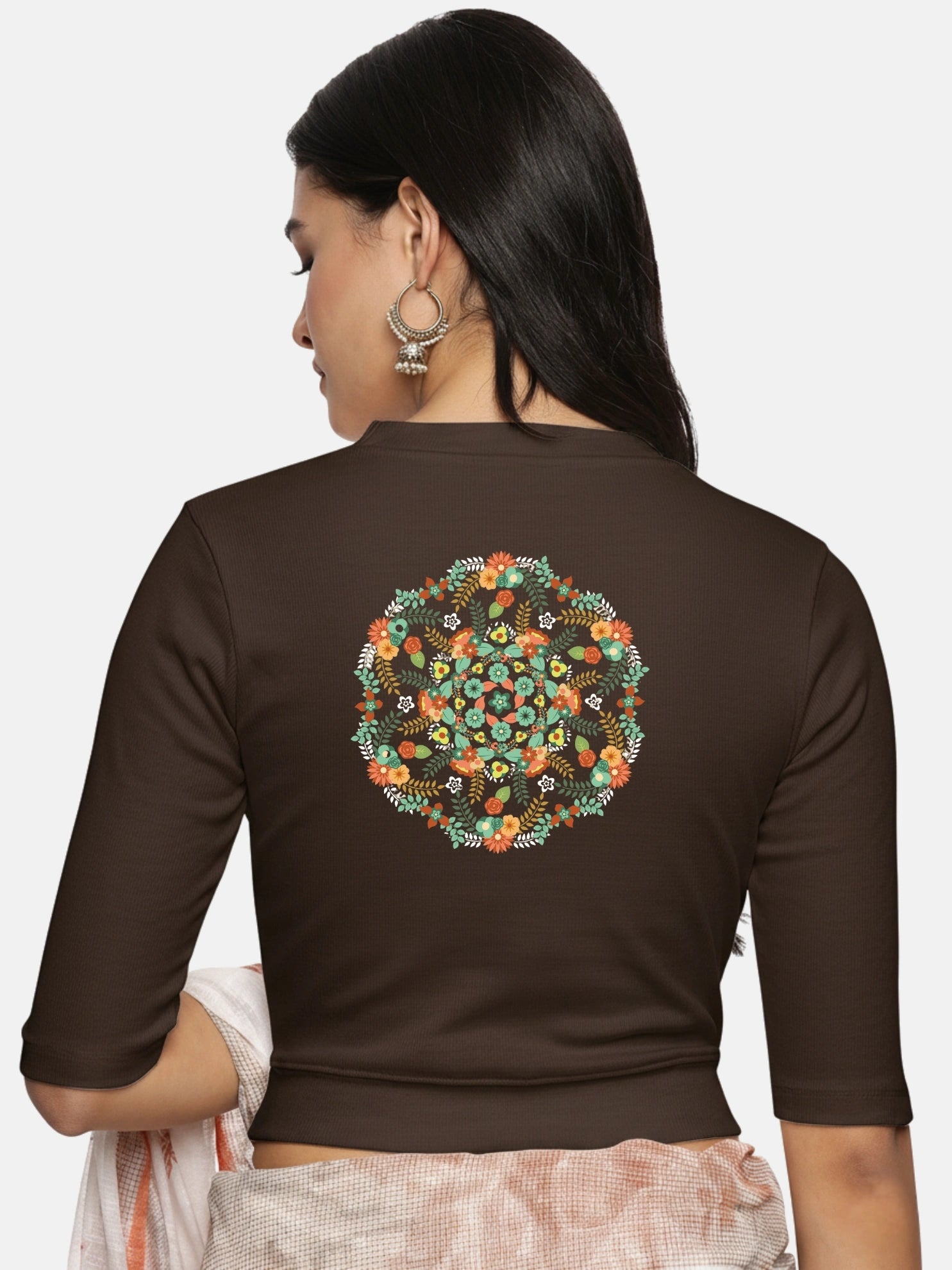 Women Back Printed Stretchable Elbow Sleeve RIB Blouse U0119 - notyetbyus