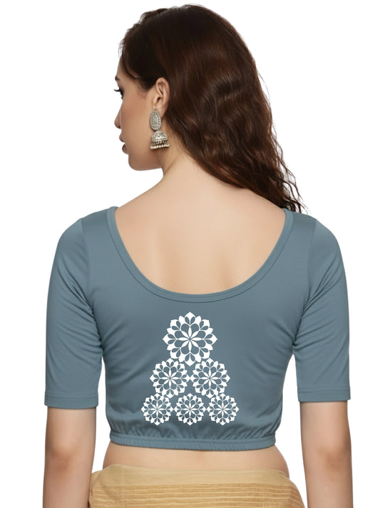 Women Back Printed Stretchable Half Sleeve Blouse U0224 Elephant Grey
