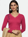 Women Back Printed Stretchable Full Sleeve V Neck RIB Blouse U0212 Rani Pink
