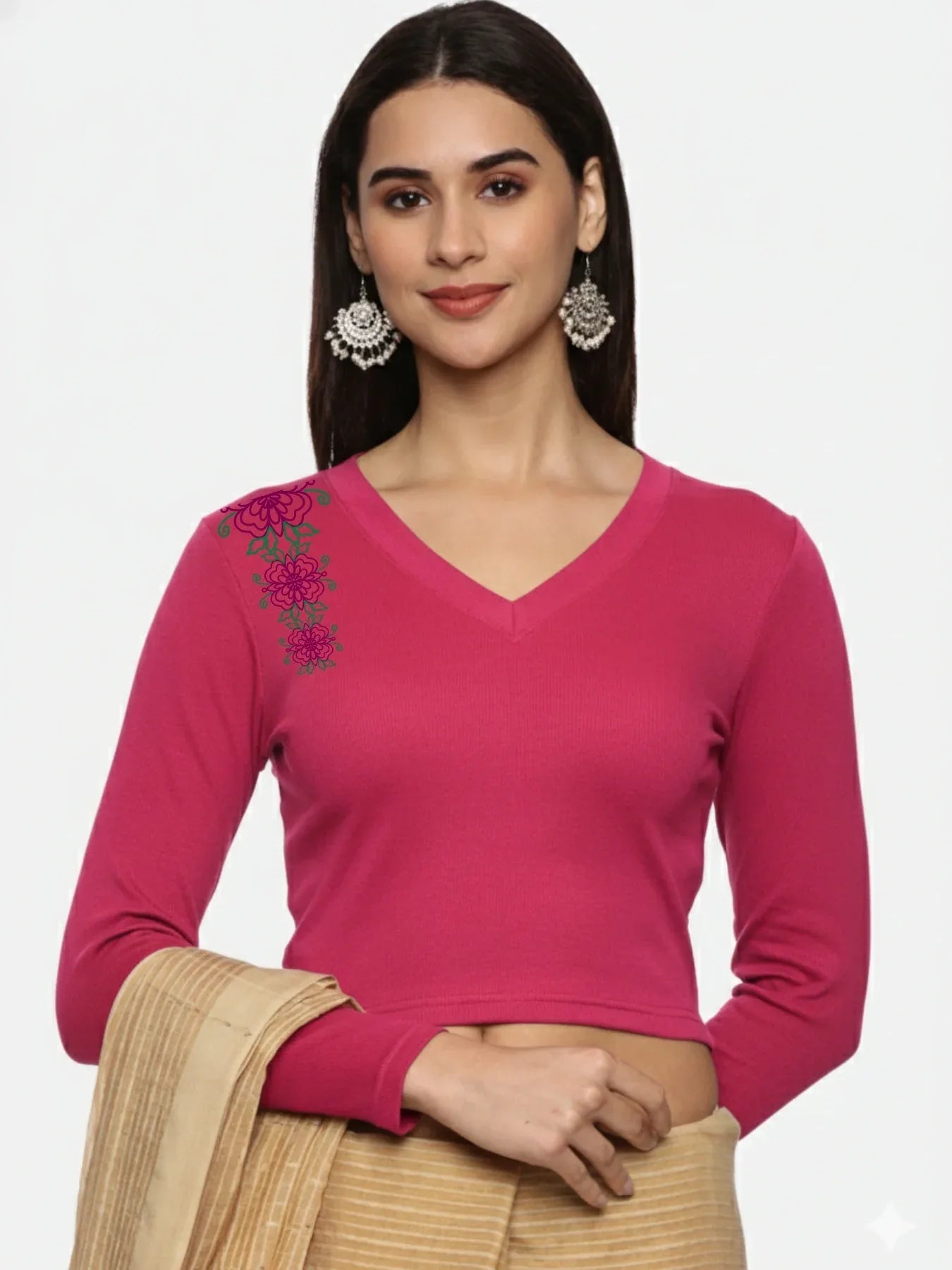 Women Back Printed Stretchable Full Sleeve V Neck RIB Blouse U0212 - notyetbyus