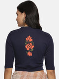 Women Back Printed Stretchable Elbow Sleeve RIB Blouse U0118 Navy