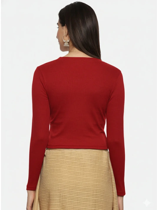 Women Plain Stretchable Full Sleeve V Neck RIB Blouse U0191 - notyetbyus