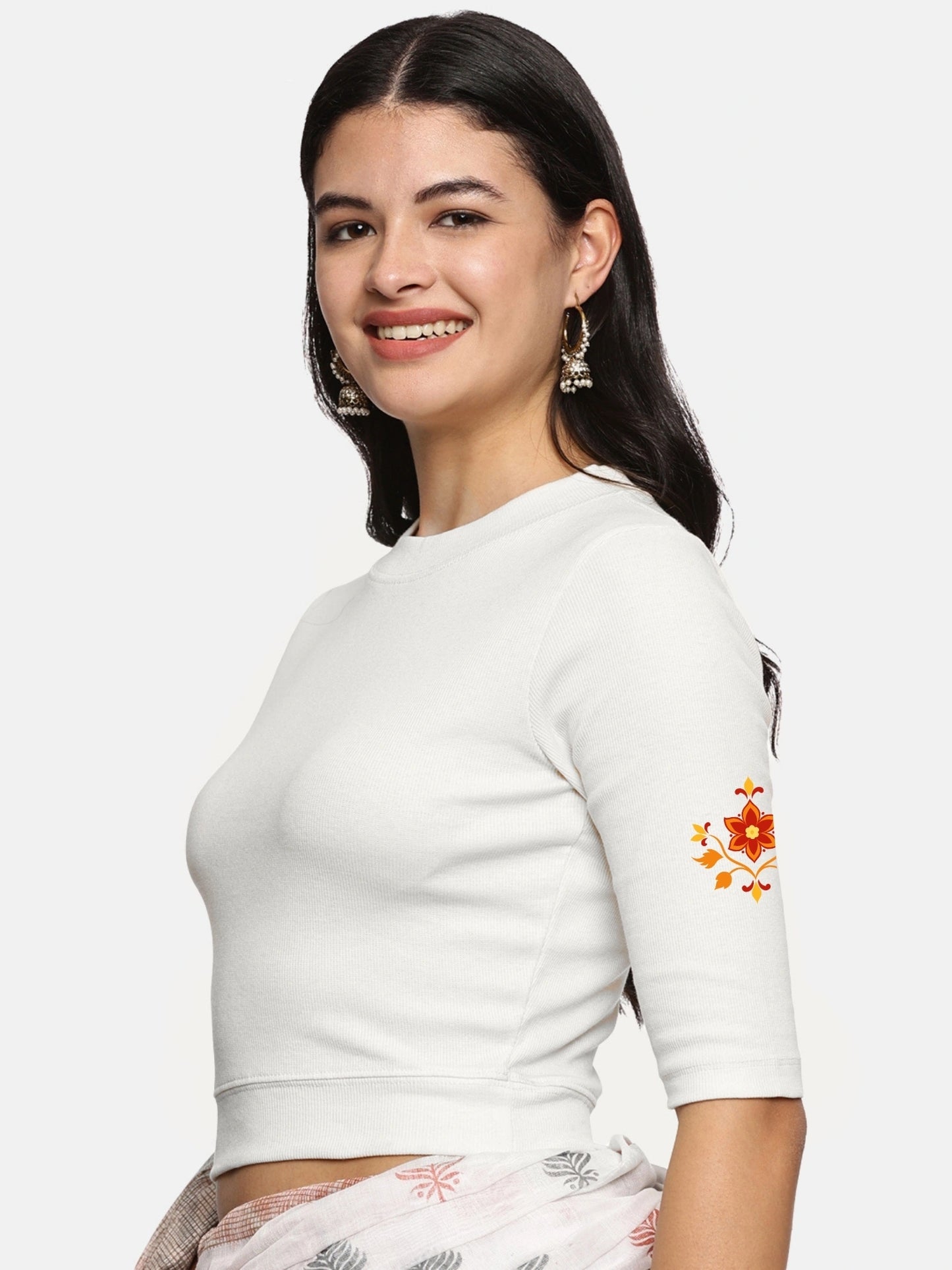 Women Back Printed Stretchable Elbow Sleeve RIB Blouse U0158 White