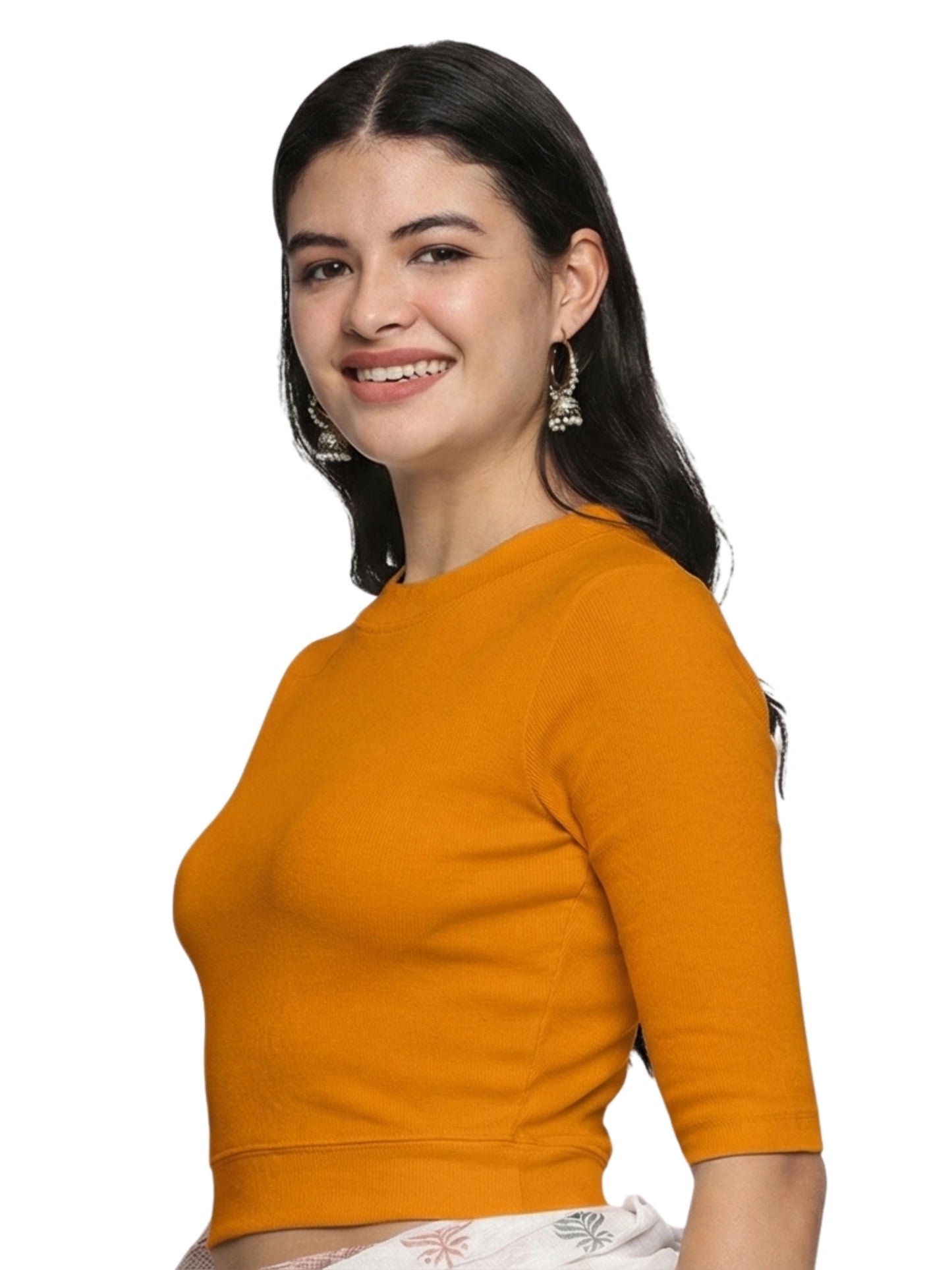 Women Plain Stretchable Elbow Sleeve RIB Blouse U0121 Mustard