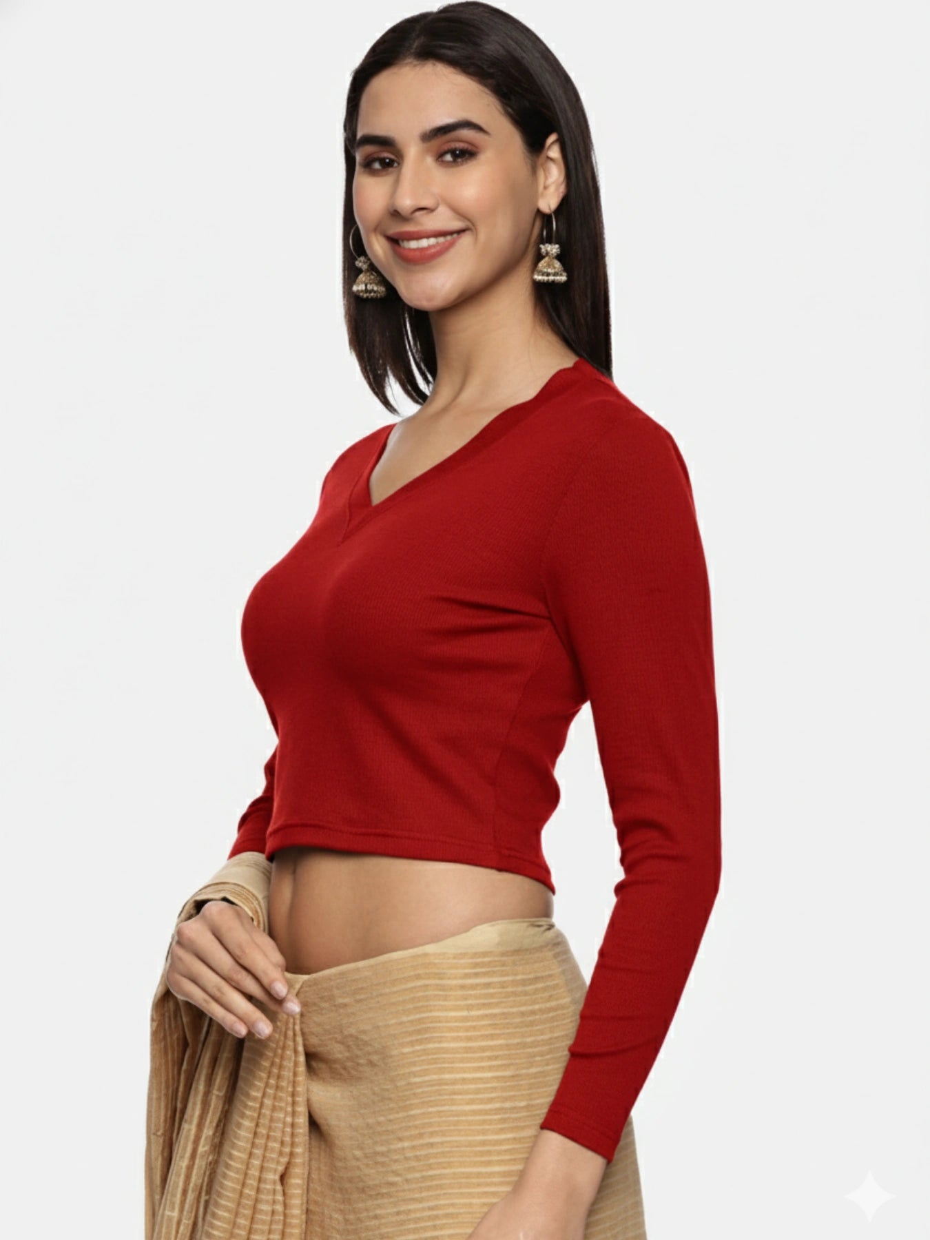 Women Plain Stretchable Full Sleeve V Neck RIB Blouse U0191 Burgandy