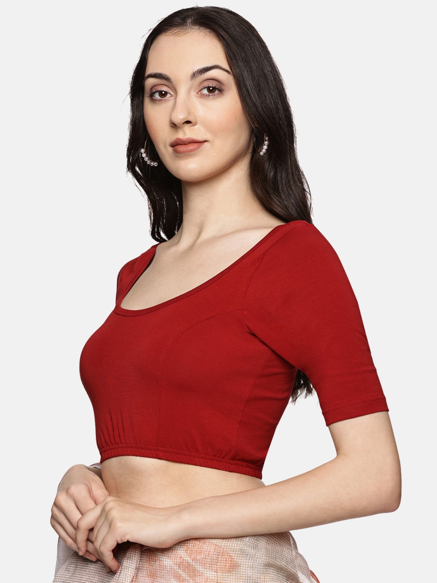 Women Back Printed Stretchable Half Sleeve Blouse U0140 Brick Red