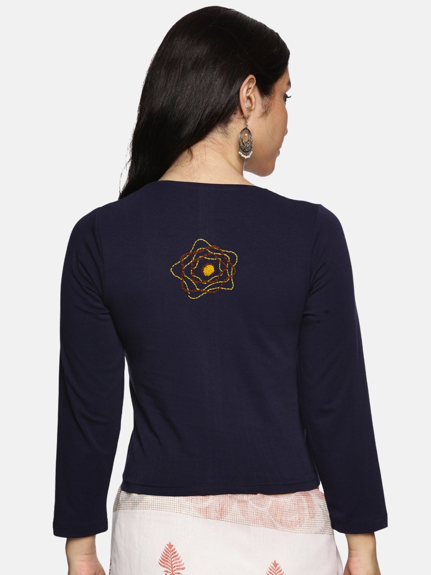 DIY Embroidery Kit with Women Stretchable Three Fourth Sleeve Blouse E02 – Navy