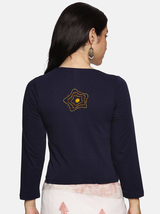 DIY Embroidery Kit with Women Stretchable Three Fourth Sleeve Blouse E02 – Navy