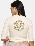 Women Back Printed Stretchable Elbow Sleeve RIB Blouse U0119 Cream