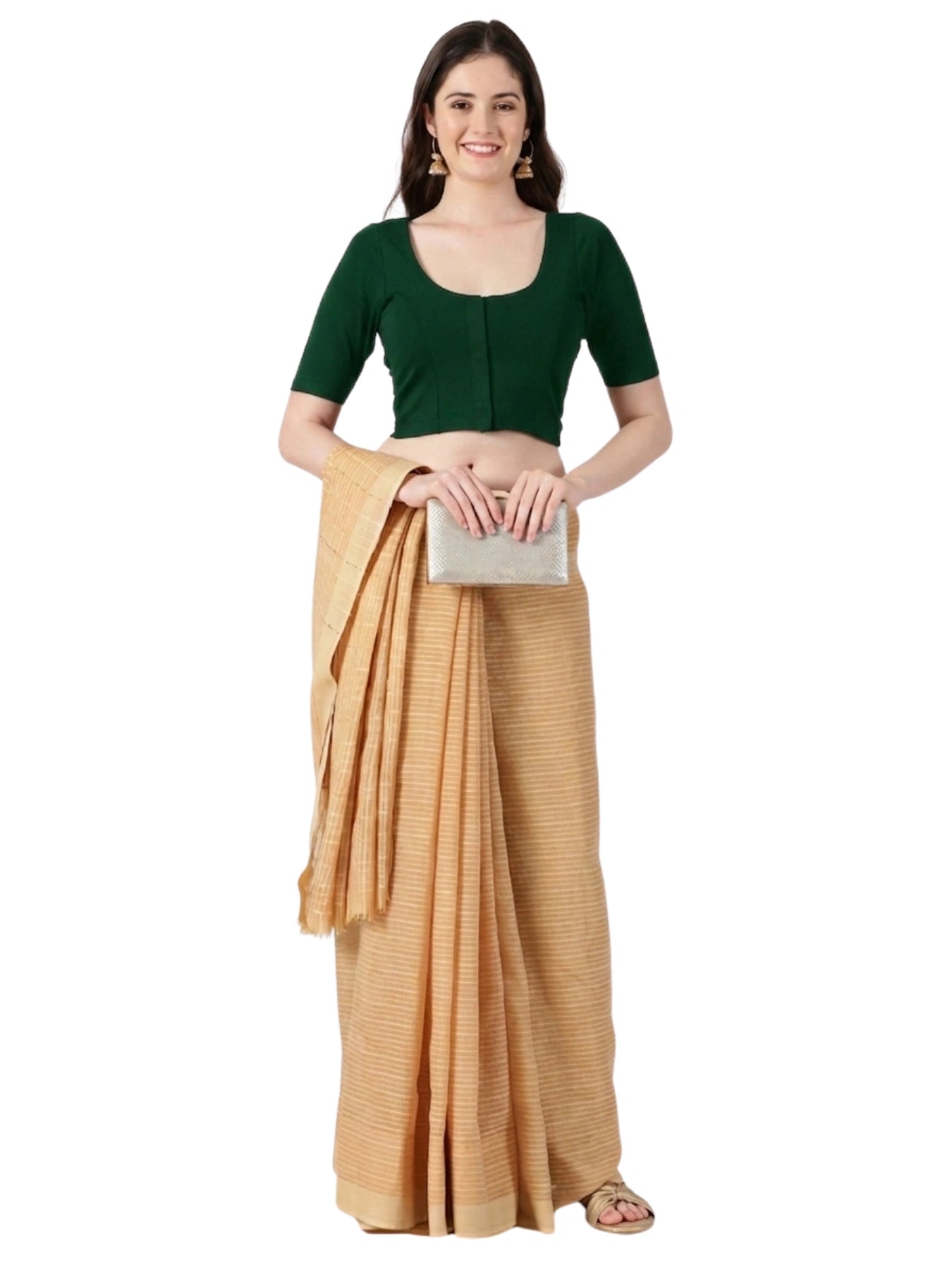 DIY Embroidery Kit with Women Front Open Stretchable Half Sleeve Blouse E01 – Bottle Green