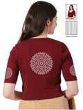 Women Stretchable Rib Square Neck Puff Sleeve Blouse Back Print U0245 Maroon