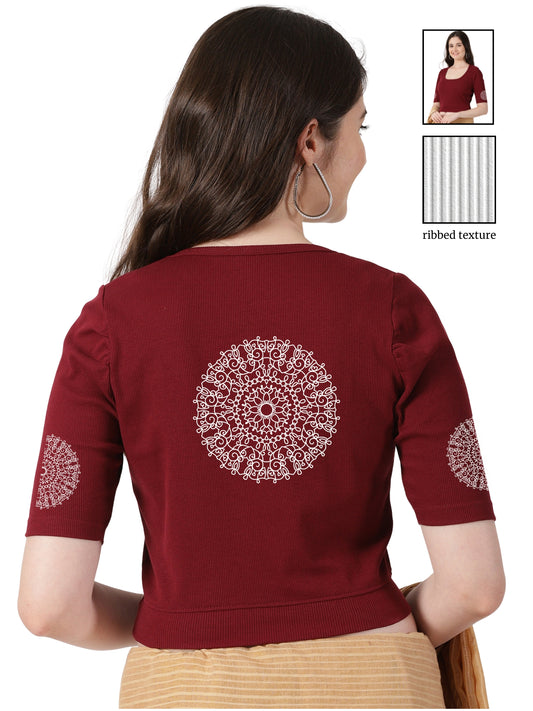 Women Stretchable Rib Square Neck Puff Sleeve Blouse Back Print U0245 Maroon