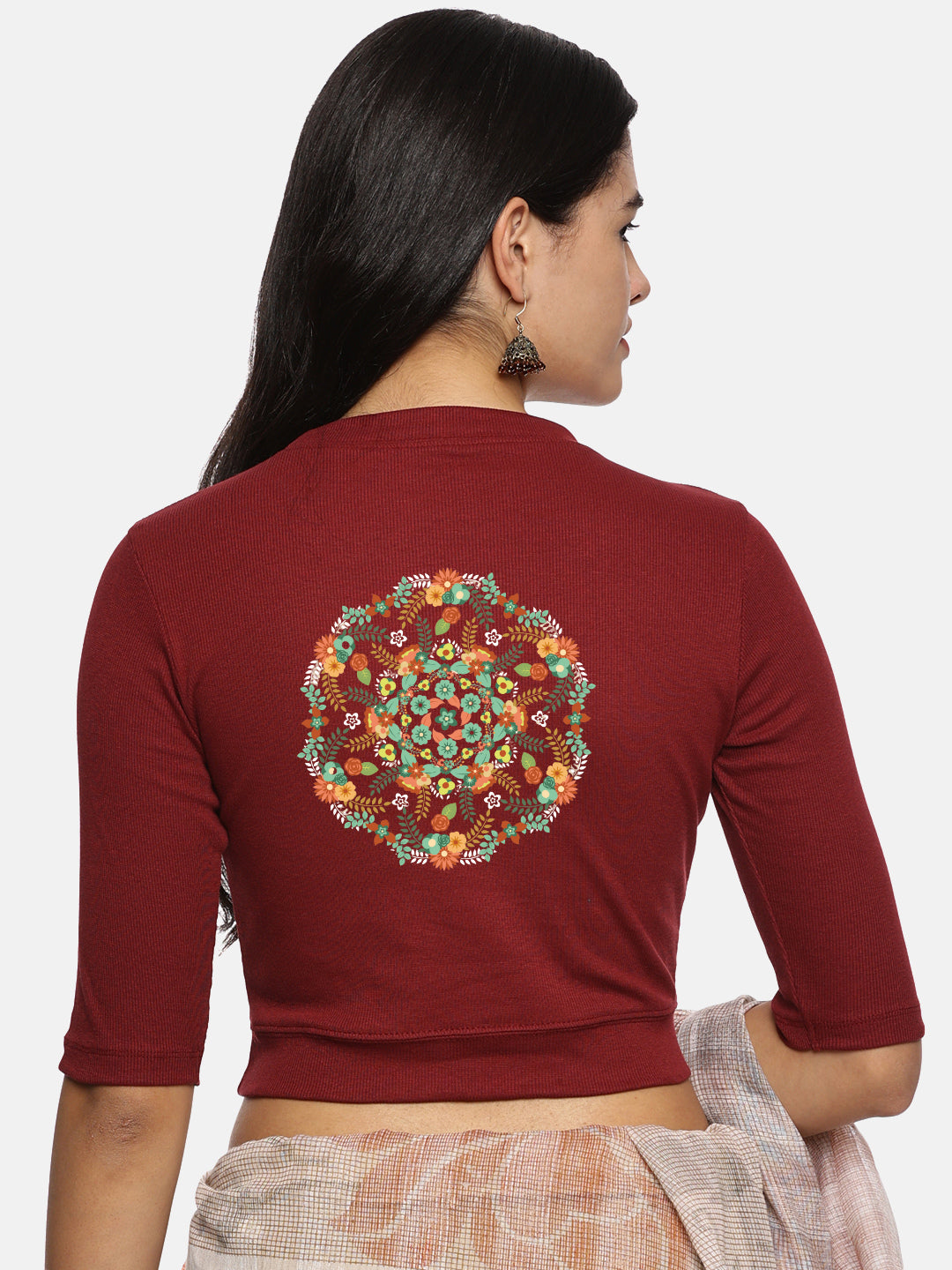 Women Back Printed Stretchable Elbow Sleeve RIB Blouse U0119 - notyetbyus