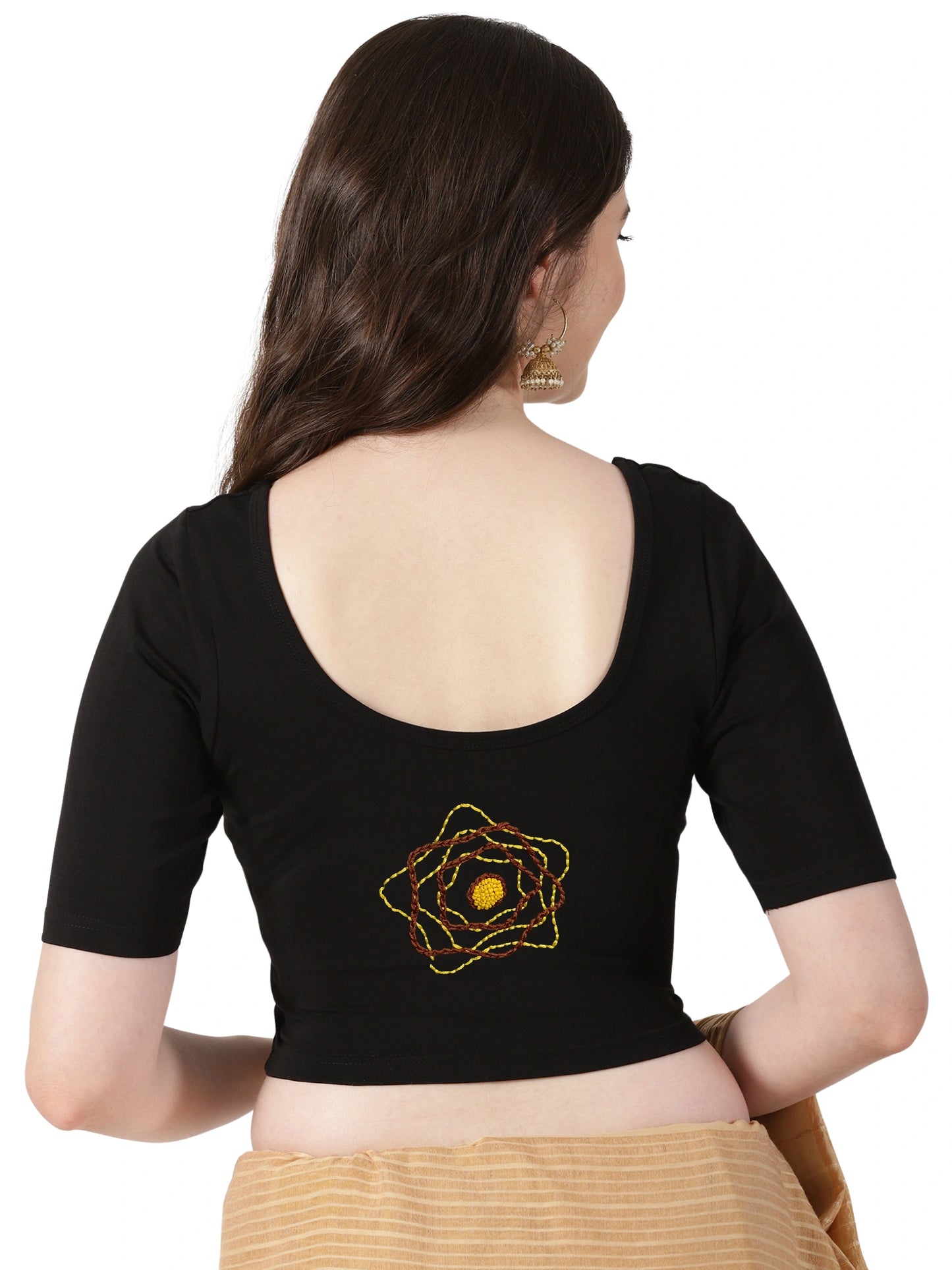 DIY Embroidery Kit with Women Front Open Stretchable Half Sleeve Blouse E02 – Black
