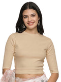 Women Plain Stretchable Elbow Sleeve RIB Blouse U0121 Chikoo