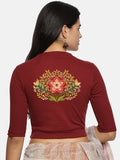 Women Back Printed Stretchable Elbow Sleeve RIB Blouse U0120 Maroon