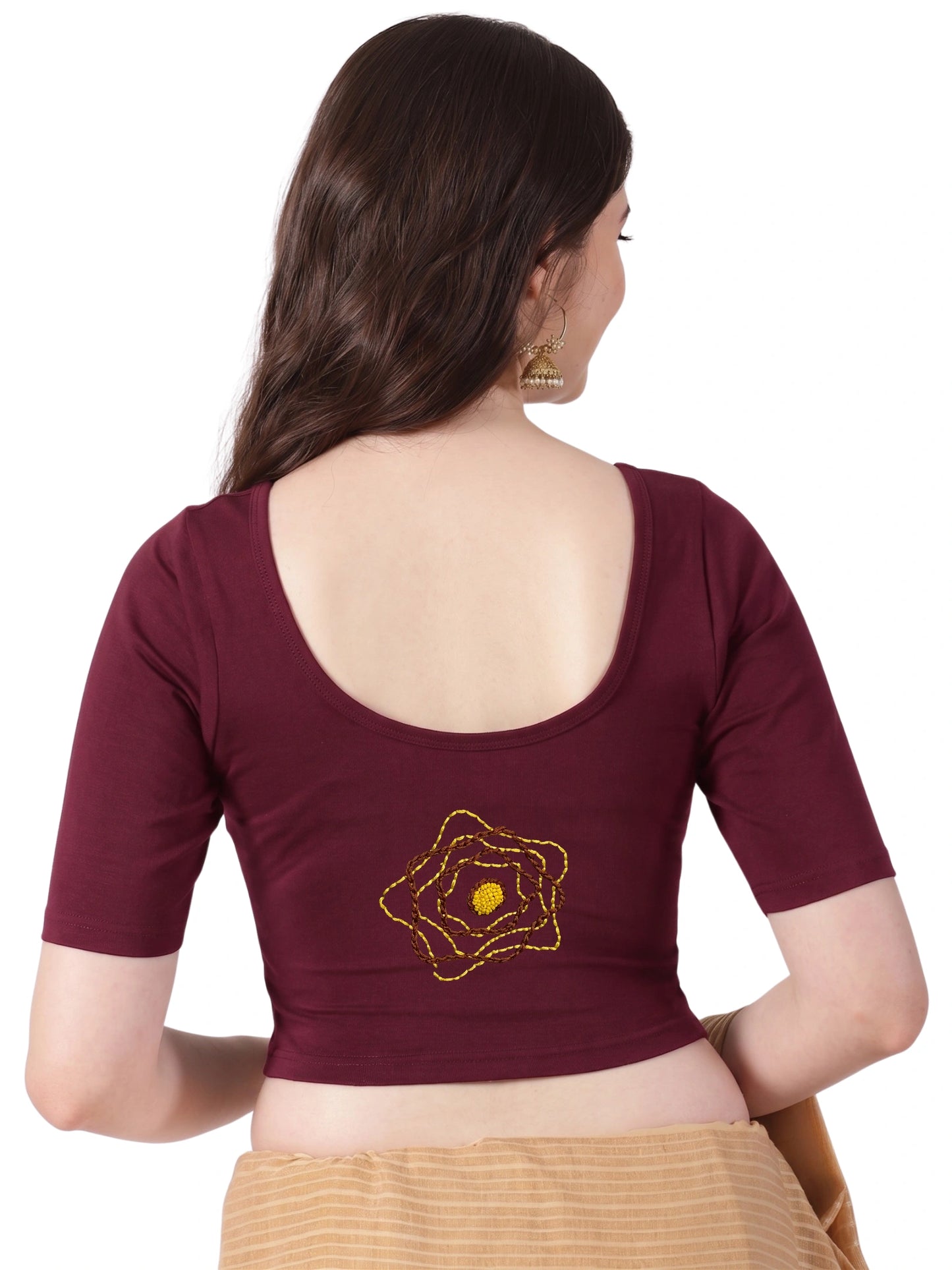 DIY Embroidery Kit with Women Front Open Stretchable Half Sleeve Blouse E02 – Maroon