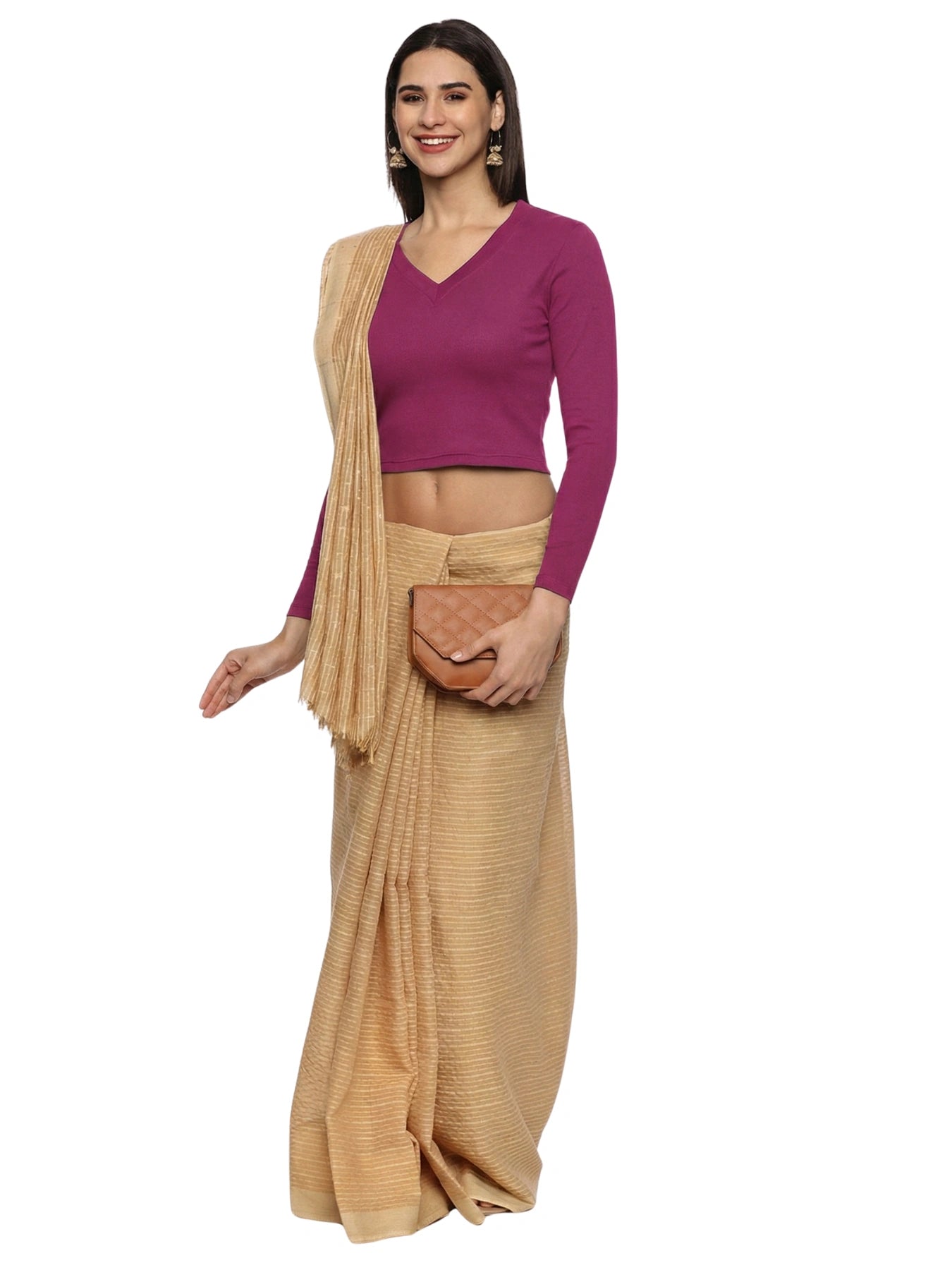 Women Plain Stretchable Full Sleeve V Neck RIB Blouse U0191 Wine Pink