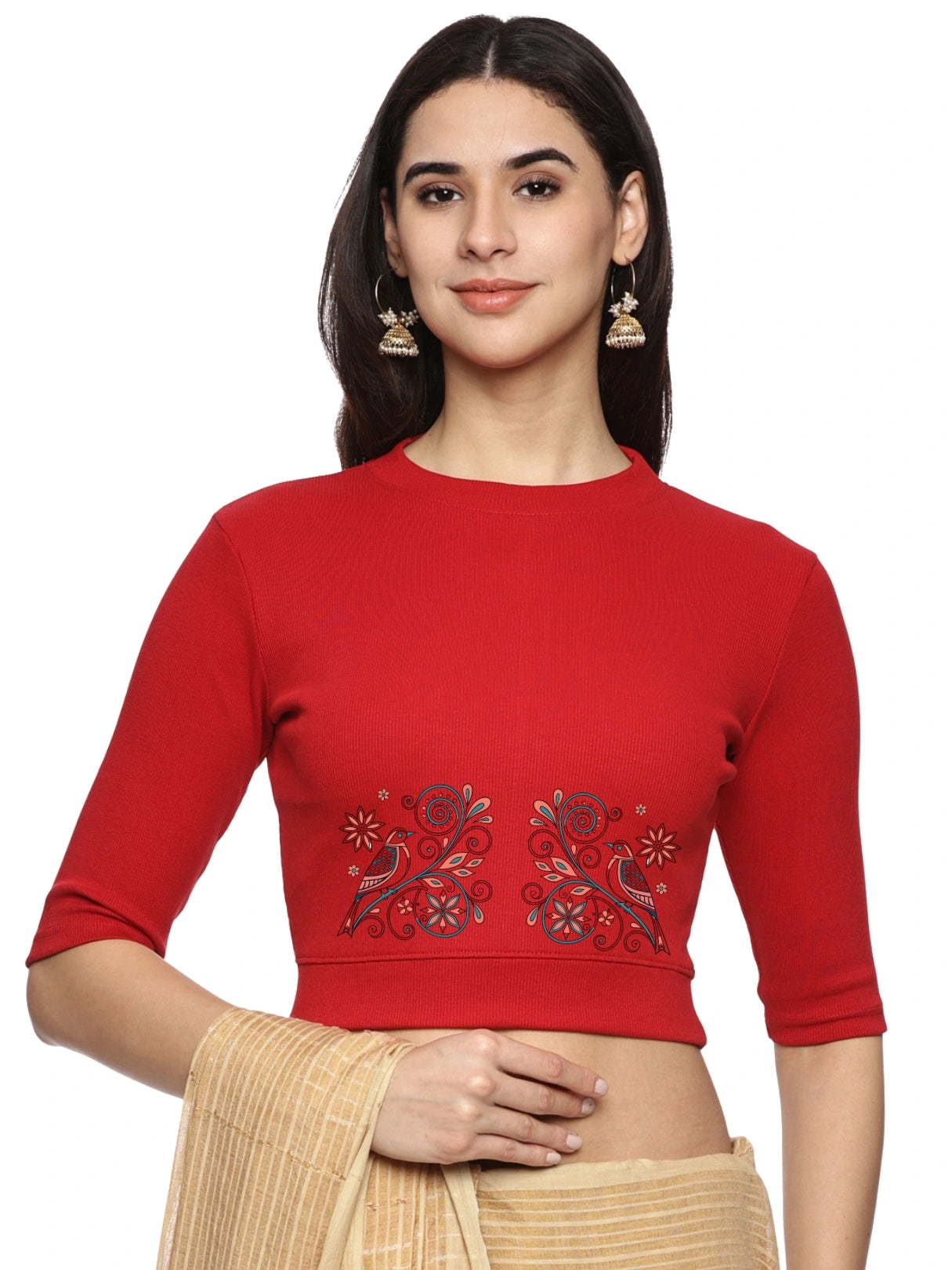 Women Back Printed Stretchable Elbow Sleeve RIB Blouse U0156