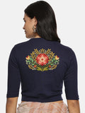 Women Back Printed Stretchable Elbow Sleeve RIB Blouse U0120 Navy