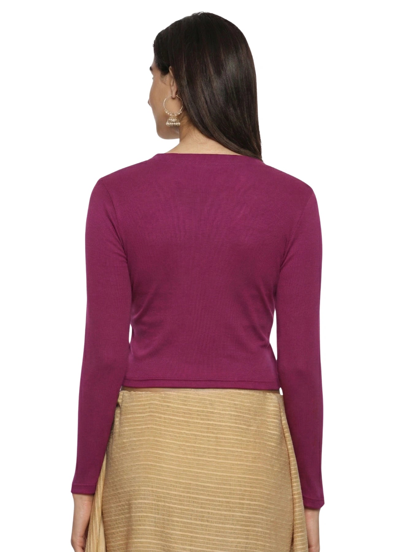 Women Plain Stretchable Full Sleeve V Neck RIB Blouse U0191 Wine Pink
