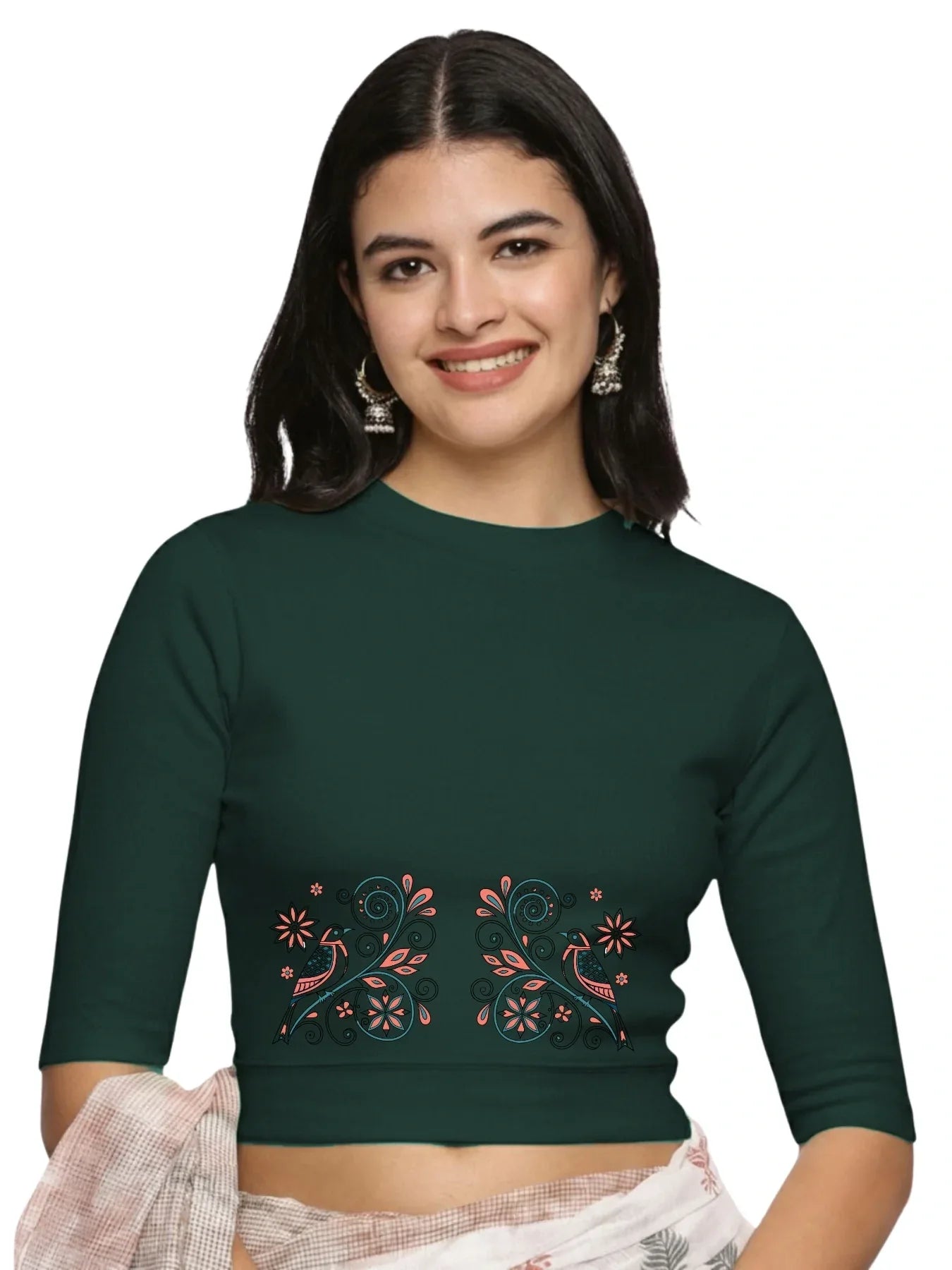 Women Back Printed Stretchable Elbow Sleeve RIB Blouse U0156 - notyetbyus