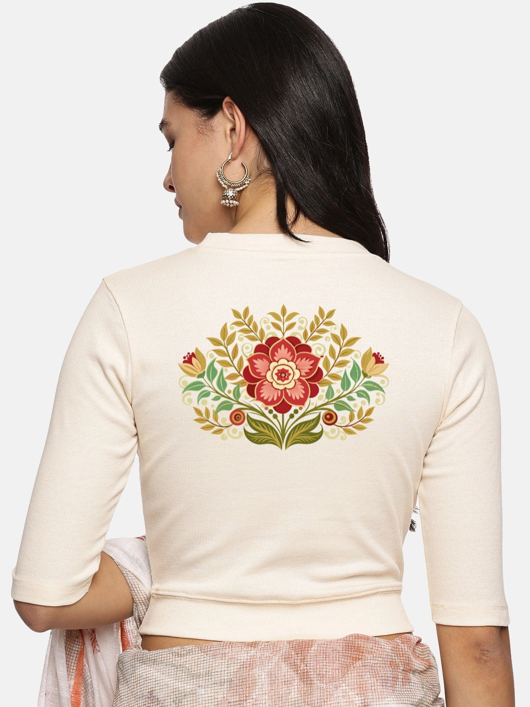 Women Back Printed Stretchable Elbow Sleeve RIB Blouse U0120 - notyetbyus