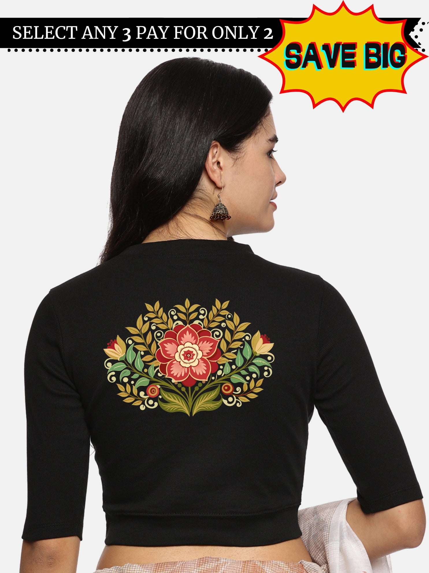 Women Back Printed Stretchable Elbow Sleeve RIB Blouse U0120 - notyetbyus