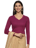 Women Plain Stretchable Full Sleeve V Neck RIB Blouse U0191 Wine Pink