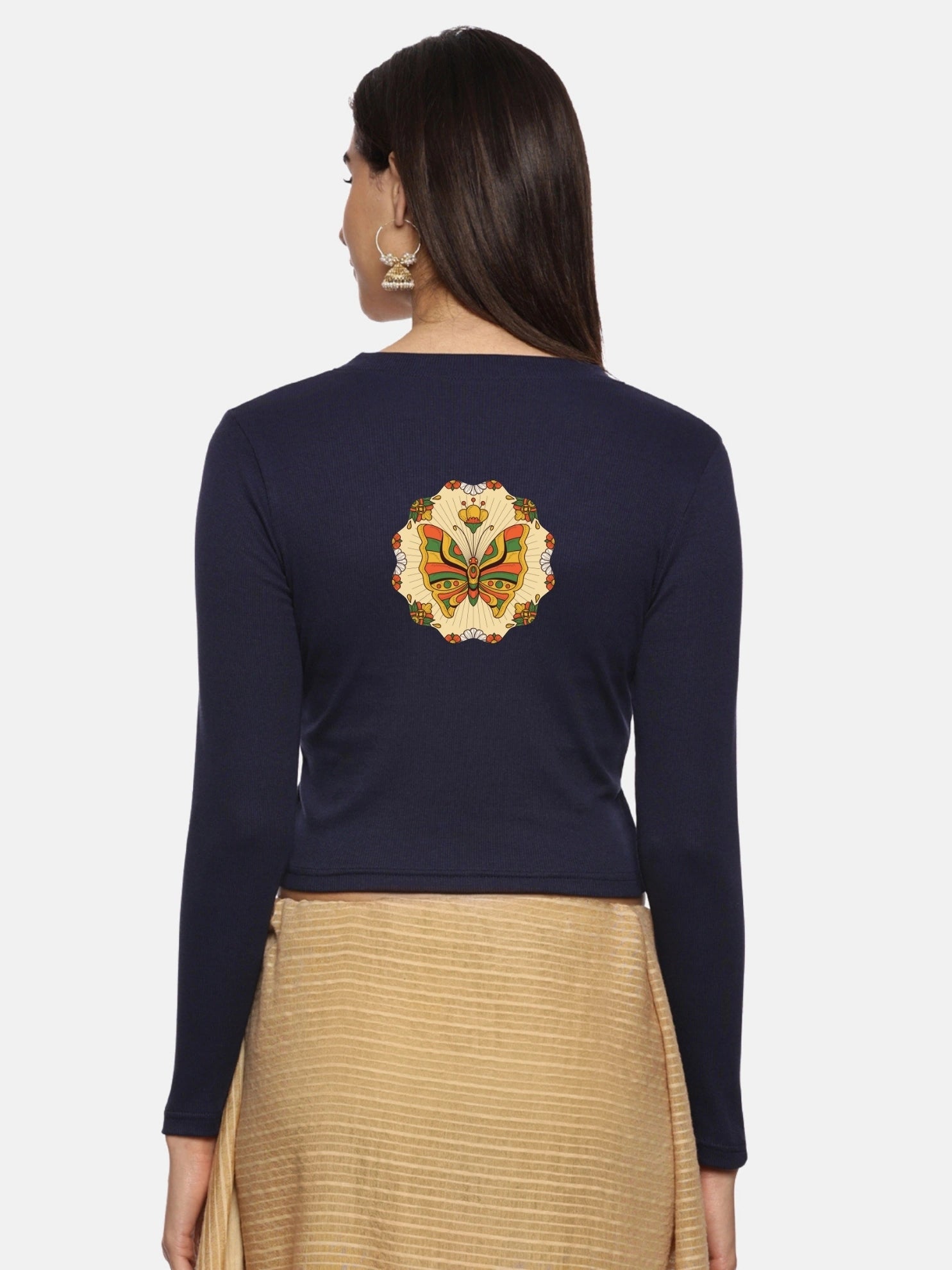 Women Back Printed Stretchable Full Sleeve V Neck RIB Blouse U0184