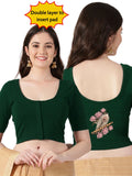 Women Front Open Back Printed Stretchable Half Sleeve Blouse U0262 Bottle Green