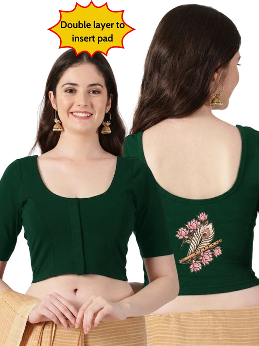 Women Front Open Back Printed Stretchable Half Sleeve Blouse U0262 Bottle Green