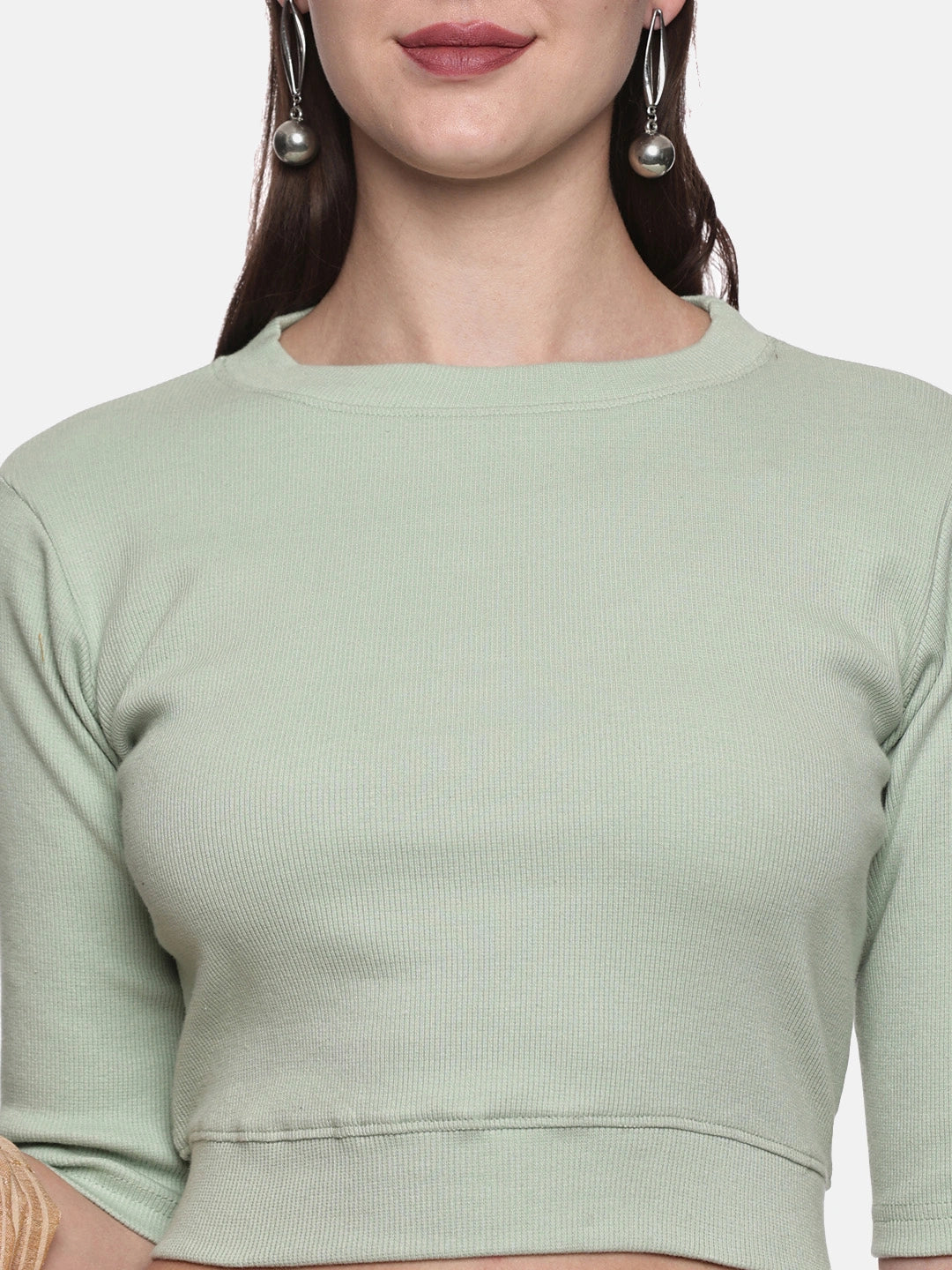 Women Plain Stretchable Elbow Sleeve RIB Blouse U0121 Sage Green