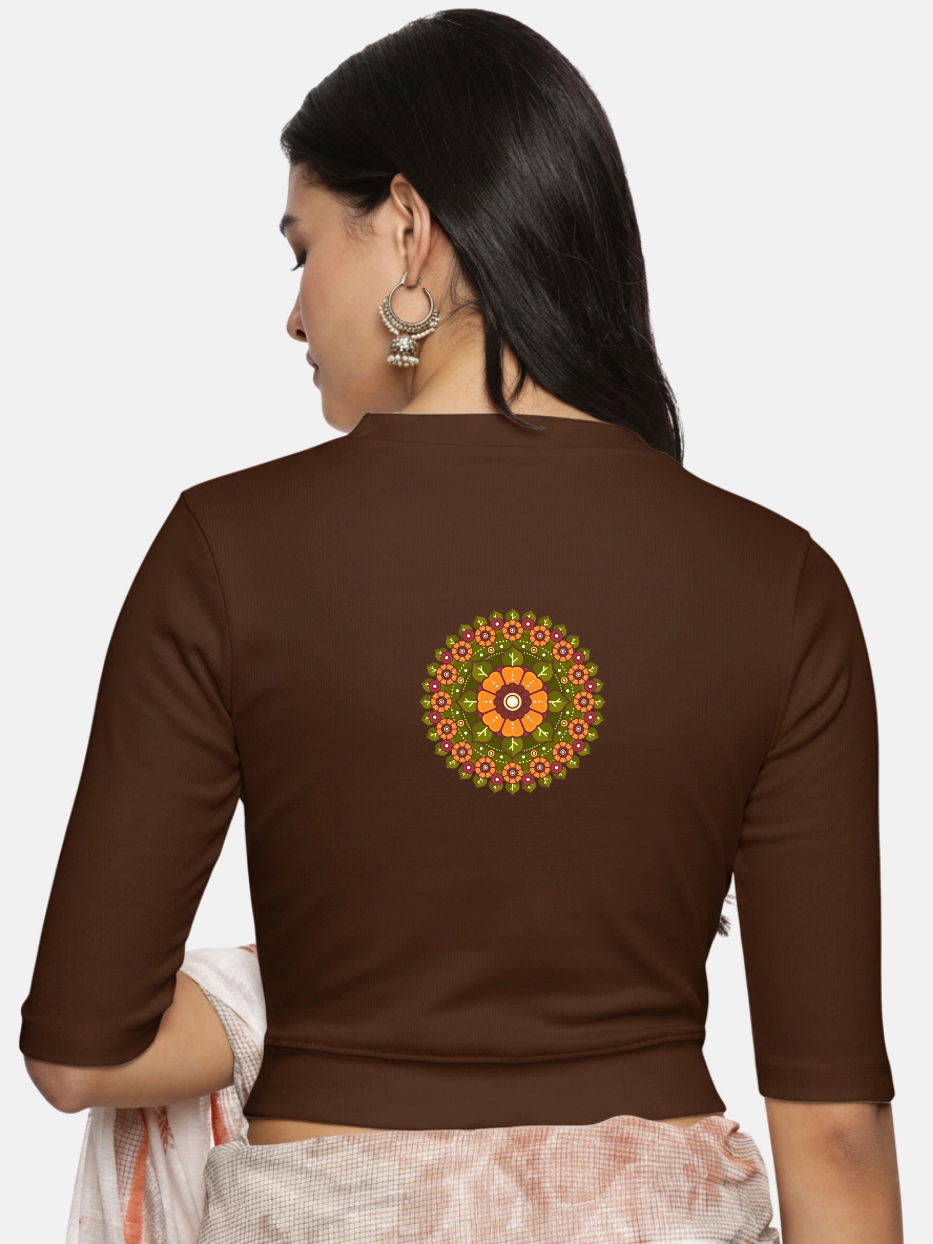 Women Back Printed Stretchable Elbow Sleeve RIB Blouse U0129R - notyetbyus