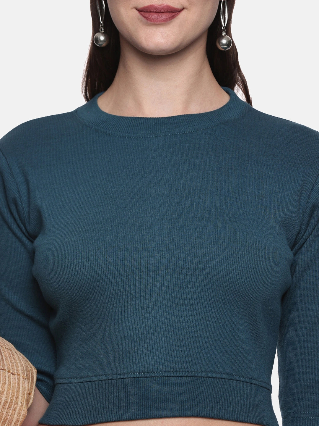 Women Plain Stretchable Elbow Sleeve RIB Blouse U0121 Teal Green