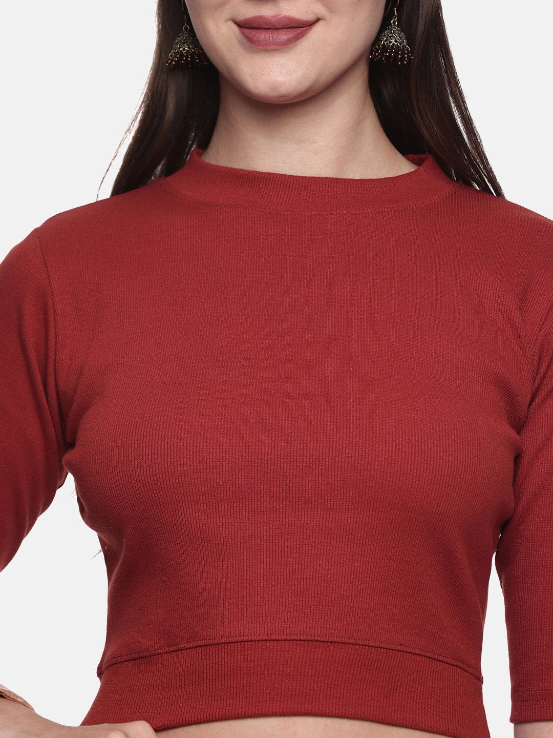 Women Plain Stretchable Elbow Sleeve RIB Blouse U0121 Terracotta Red