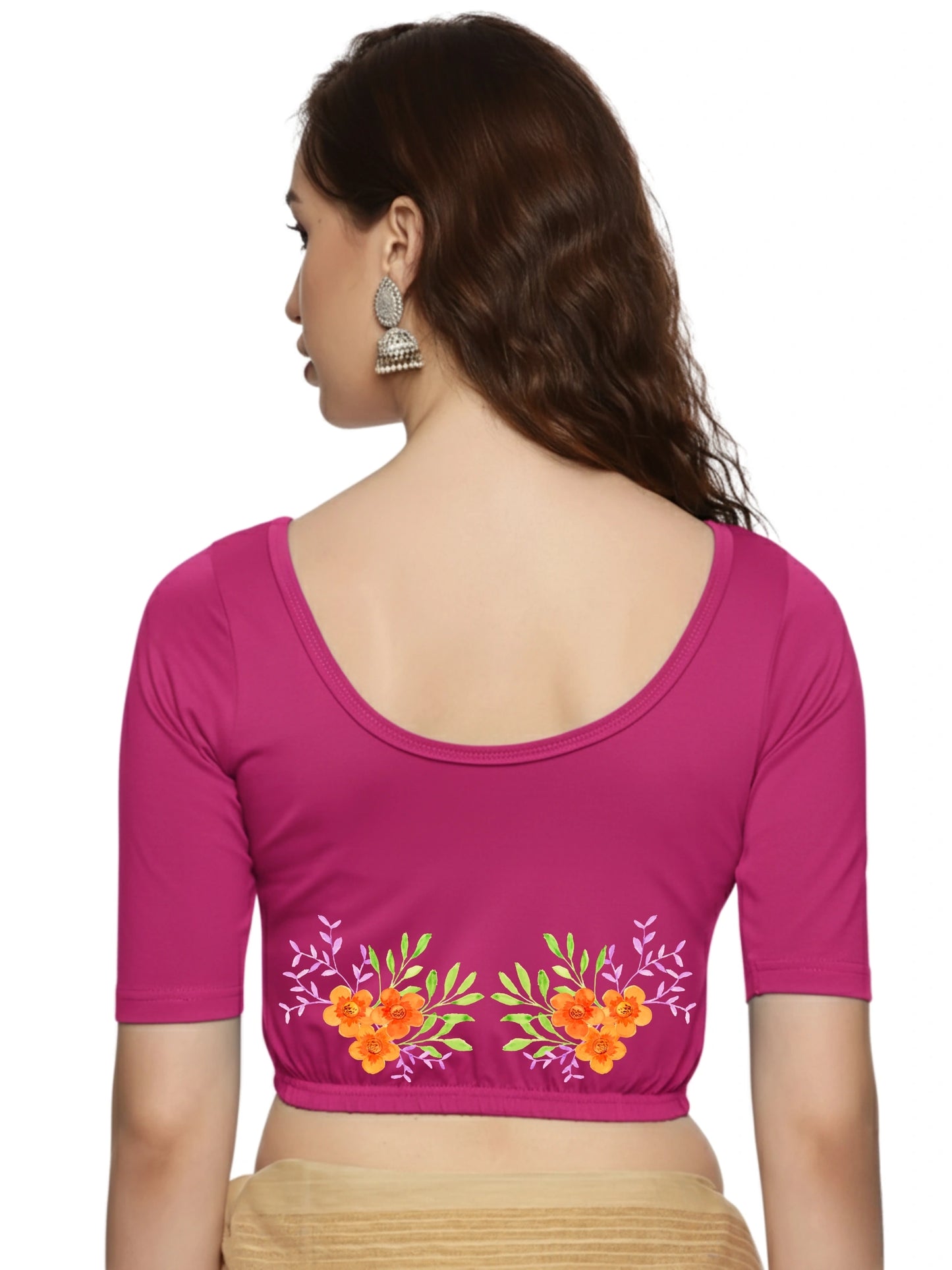Women Back Printed Stretchable Half Sleeve Blouse U0227 Rani Pink