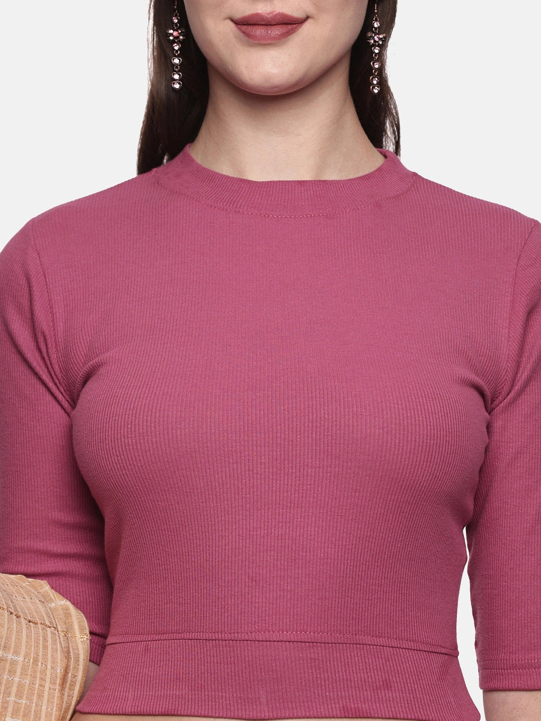 Women Plain Stretchable Elbow Sleeve RIB Blouse U0121 Wine