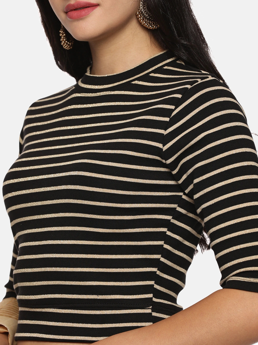 Women Yarn Dyed Stretchable Elbow Sleeve RIB Blouse U0154 - notyetbyus